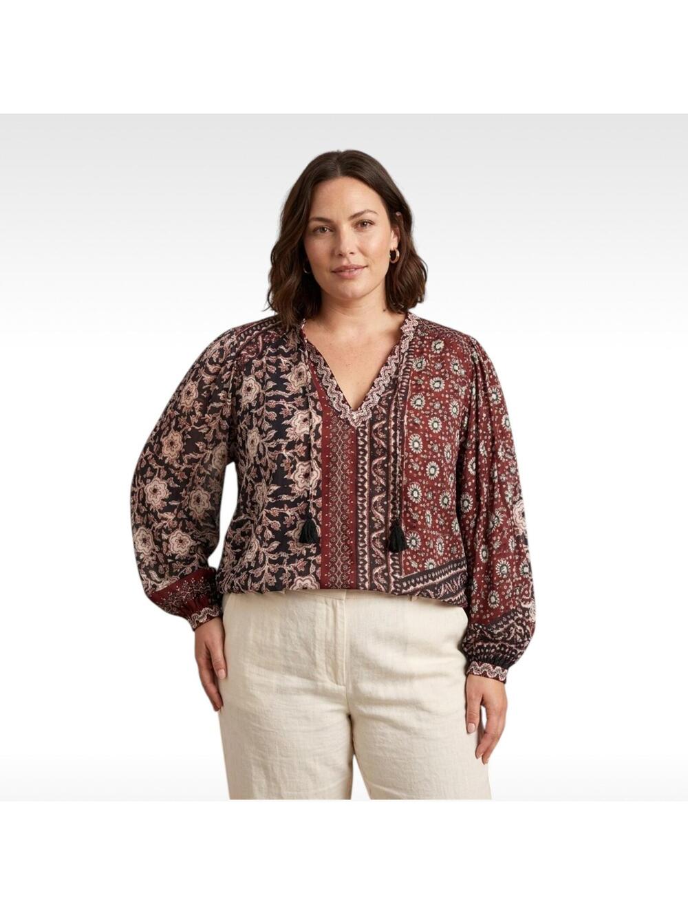 Elie Tahari XL Silk-Like Cotton Voile Patchwork Floral Tassel Blouse